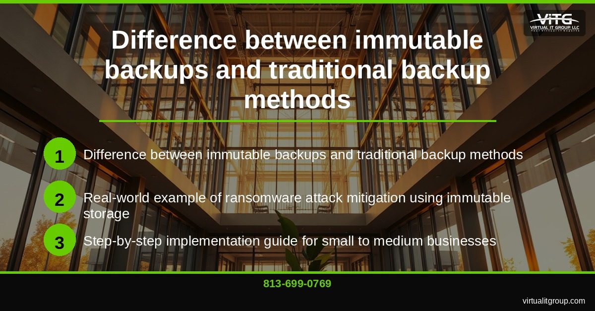 Central Florida business owner reviewing immutable storage dashboard showing protected backup status